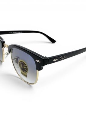 Ray-Ban Black and Gold Clubmaster Sunglasses with Blue-Gray Gradient Lenses